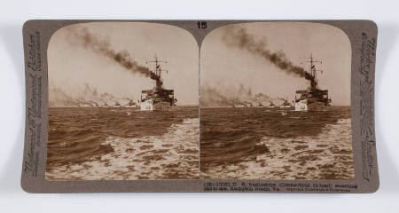 U.S. battleships (Connecticut in lead) steaming out to sea, Hampton Roads, VA.
