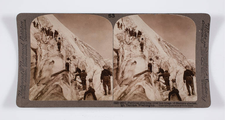 Perilous climbing over ice-crags of Stevens Glacier, Mt. Tacoma, Washington