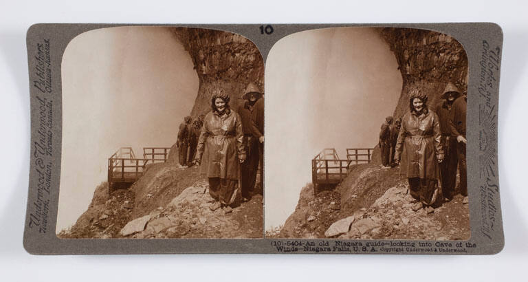 An old Niagara guide—looking into Cave of the Winds—Niagara Falls, U.S.A.