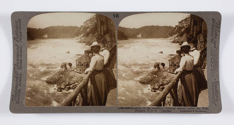 Looking at the tumbling, foaming waters, below the Falls, Niagara, U.S.A