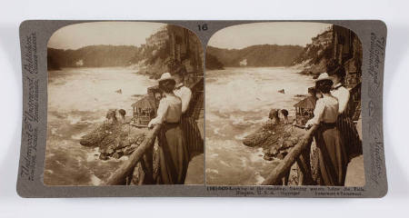 Looking at the tumbling, foaming waters, below the Falls, Niagara, U.S.A