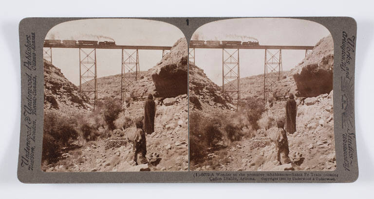 A wonder to the primitive inhabitants—Santa Fe Train crossing Cañon Diablo, Arizona
