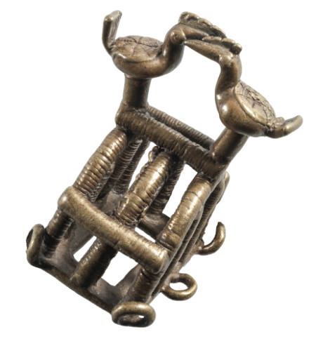 Goldweight in the form of an a bird cage with two birds on the roof