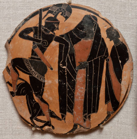 Tondo from a black-figure plate showing the recovery of Helen by Menelaus