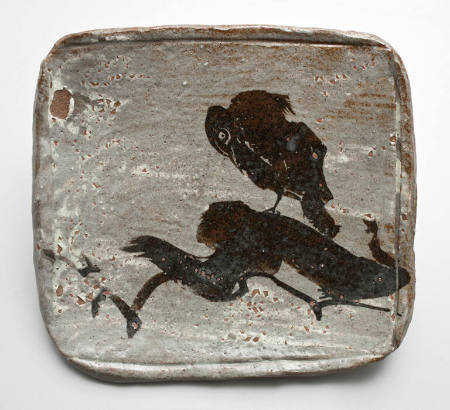 Square plate with design of crow on a branch