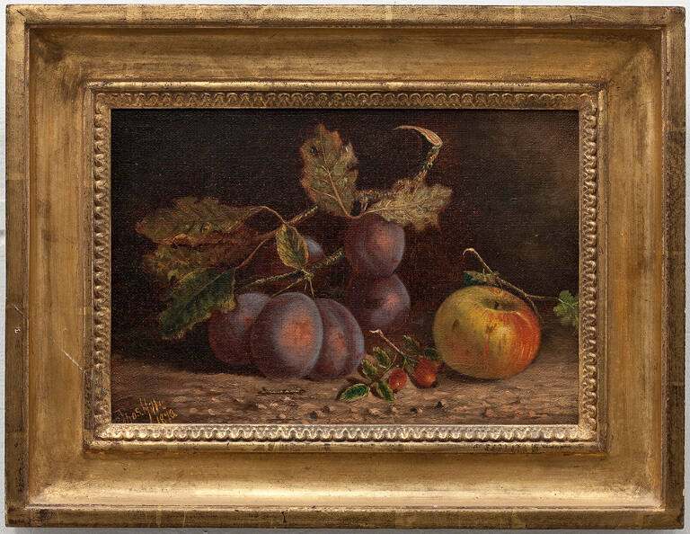 Still life with plums and an apple