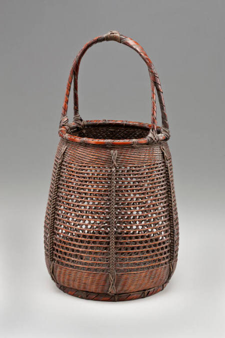 Precisely woven basket with vertical bands on outside of body