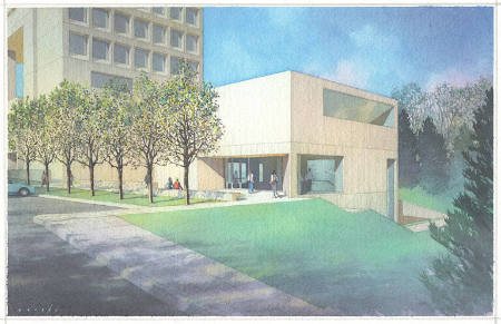 Architectural rendering of the east and north façades of the New Wing, Herbert F. Johnson Museum of Art