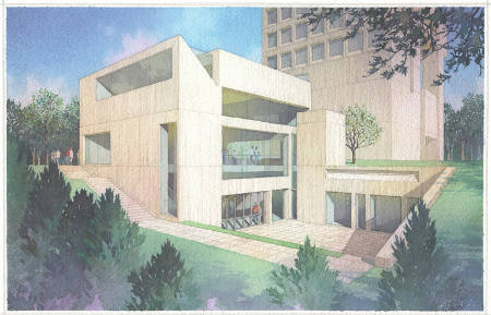 Architectural rendering of the north and west façades of the New Wing, Herbert F. Johnson Museum of Art