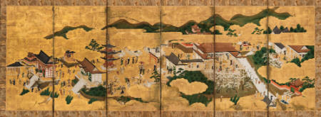 Springtime landscape with figures and buildings, mountains, clouds and plum blossoms