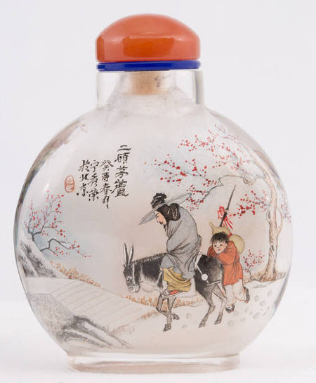 Snuff bottle with scene of King Liu visiting the scholar Zhuge Kongming
