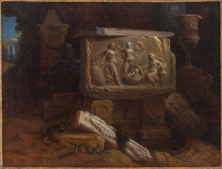 A sarcophagus adorned with a bas-relief representing the discovery of Erichthonius by the daughters of Cecrops, set amongst ruins in a classical landscape
