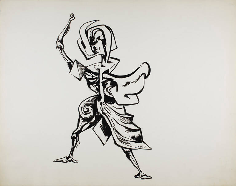 Untitled (figure standing with legs apart and arm raised above head)