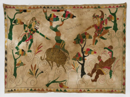 Rectangular hanging (tabing) showing Arjuna and Indra arguing over who killed the wild boar, a scene from the Mahabharata