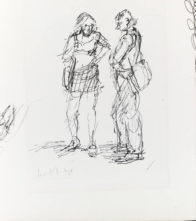 Students Talking [female figure wearing a halter top and a short skirt; male figure carrying a shoulder bag]