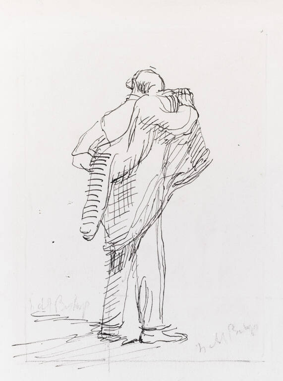 Figure seen from behind, putting proper left arm into a coat (recto); Crouching figure, cut off (verso)