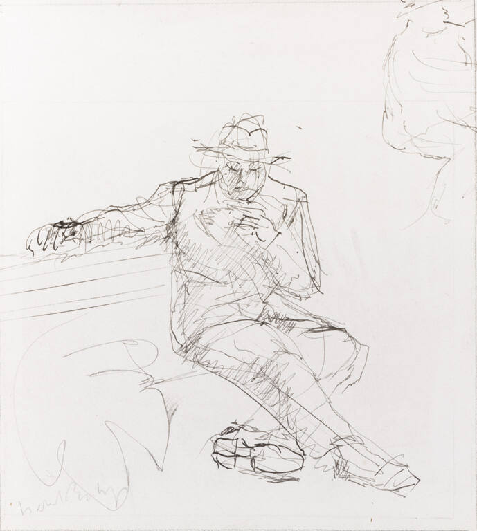 Seated figure wearing hat, proper right arm outstretched on back of bench