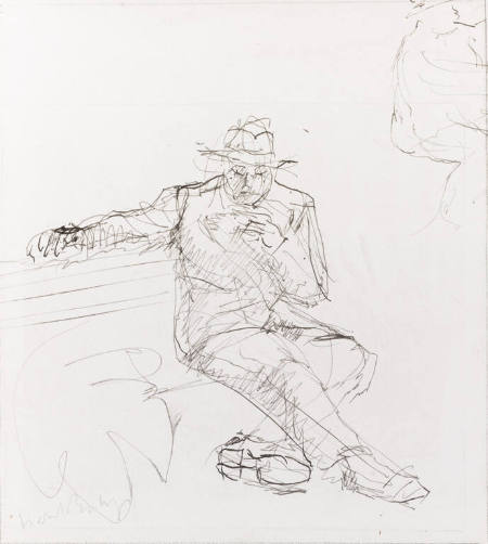 Seated figure wearing hat, proper right arm outstretched on back of bench