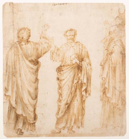Three studies of a standing draped male figure (recto); perspectival study (verso)