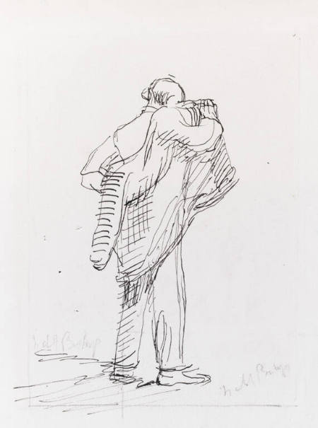 Figure seen from behind, putting proper left arm into a coat (recto); Crouching figure, cut off (verso)